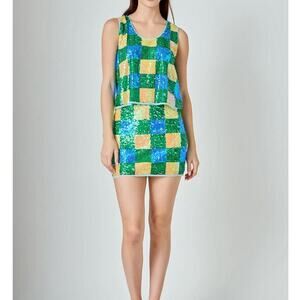 New ENDLESS ROSE Sequin Gingham Set – Blue Multi – Size Large